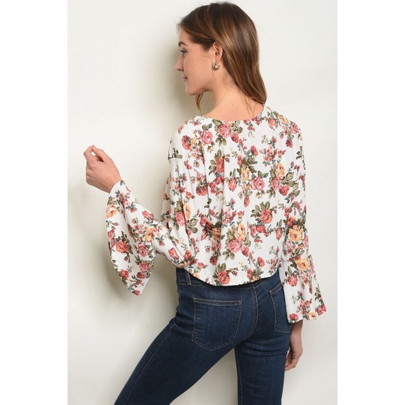 Ivory Floral Tie Front Crop Top with Bell Sleeves - Picture 2 of 8